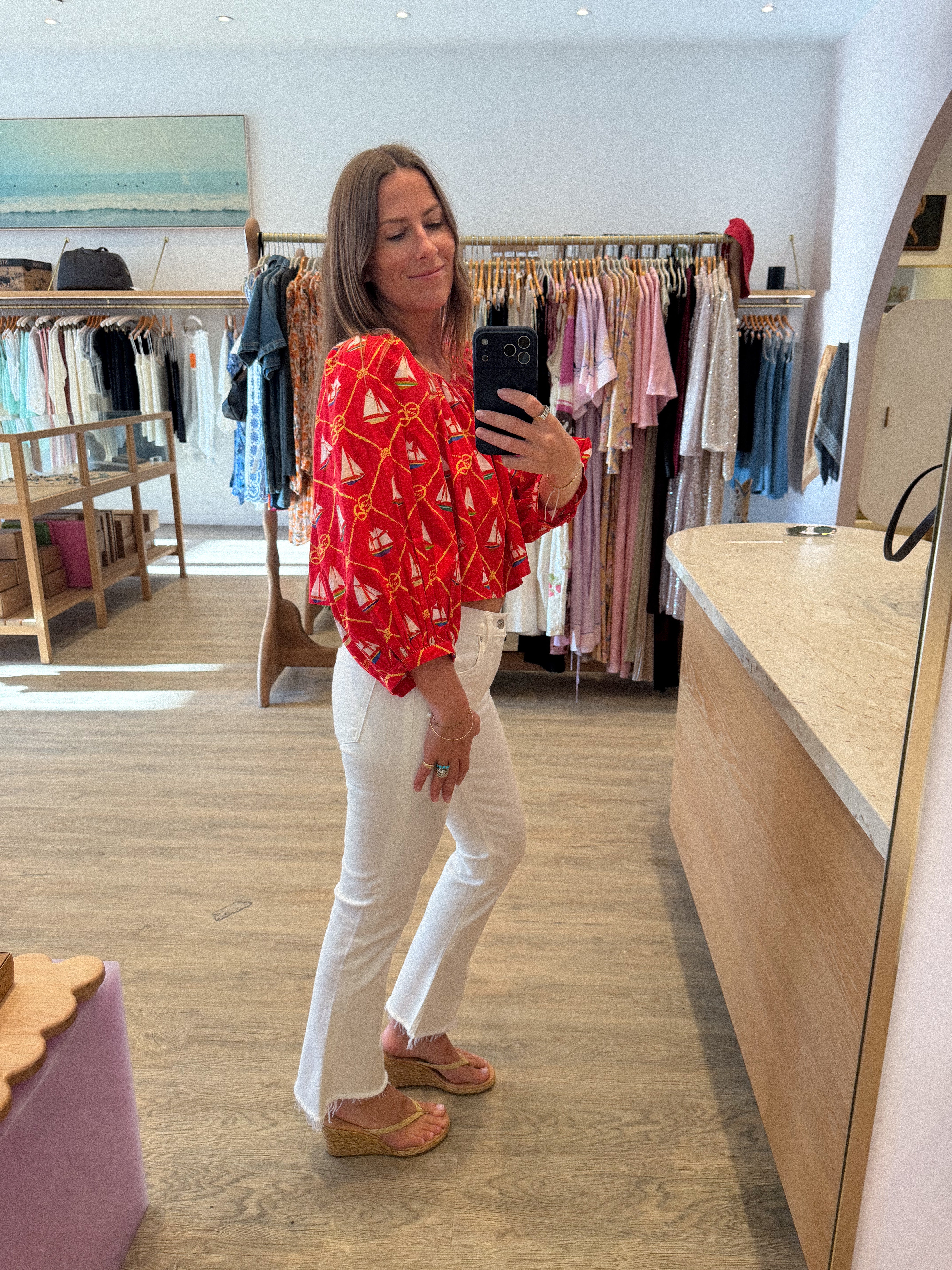 CROPPED SHIRRED HALF PLACKET BLOUSE