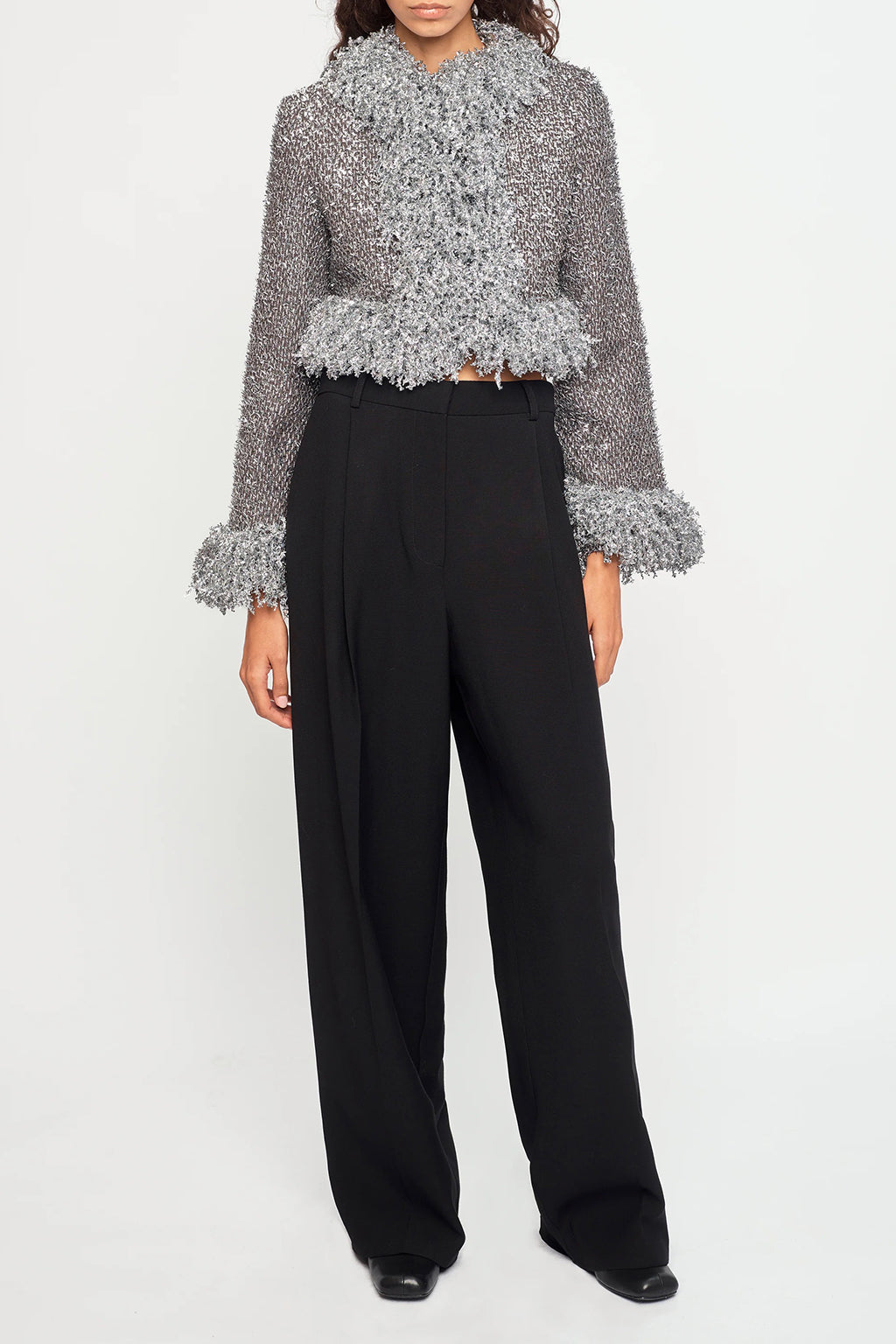 SILVER METALLIC CROPPED FRINGE JACKET *pre-order*