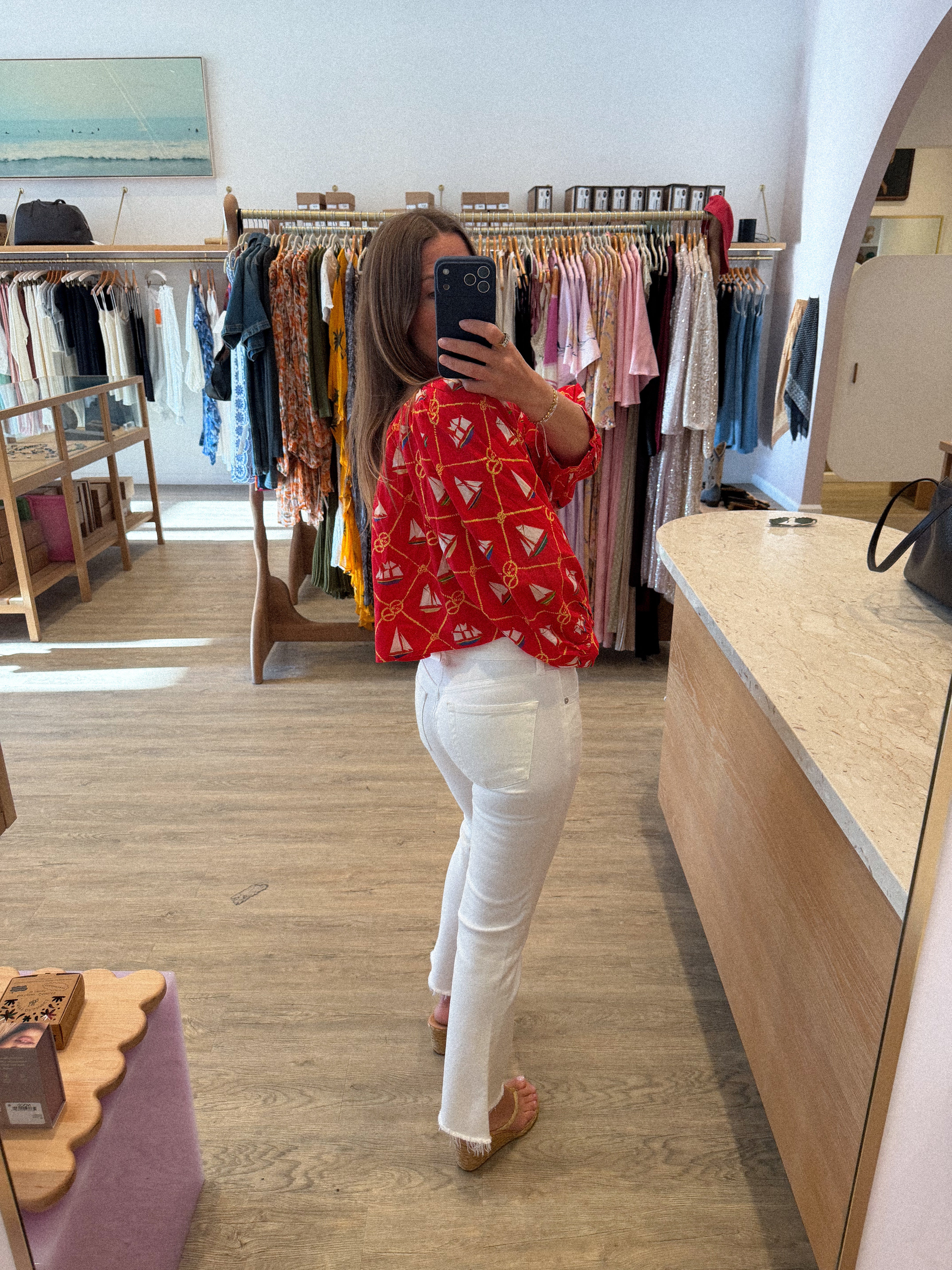 CROPPED SHIRRED HALF PLACKET BLOUSE