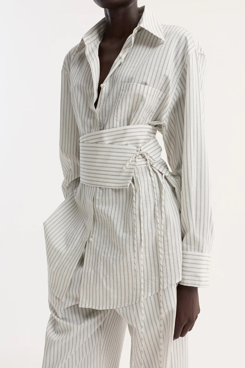 SILK STRIPED BELTED SHIRT