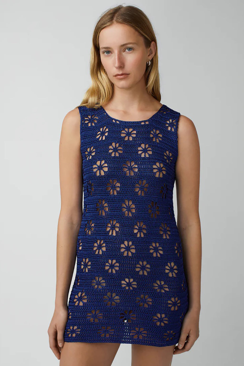 NAVY FLORAL CROCHET MINI DRESS