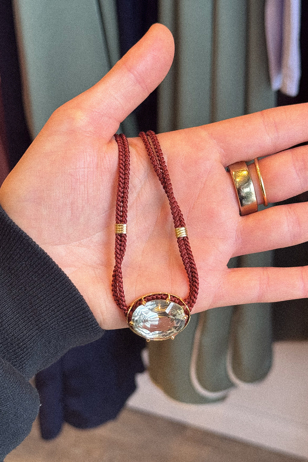 CONCAVE CUT GREEN AMETHYST SILK CORD PENDANT NECKLACE