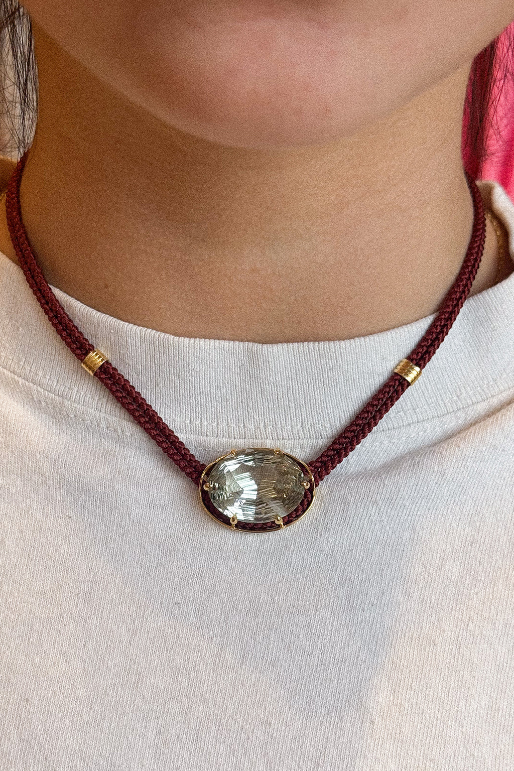 CONCAVE CUT GREEN AMETHYST SILK CORD PENDANT NECKLACE