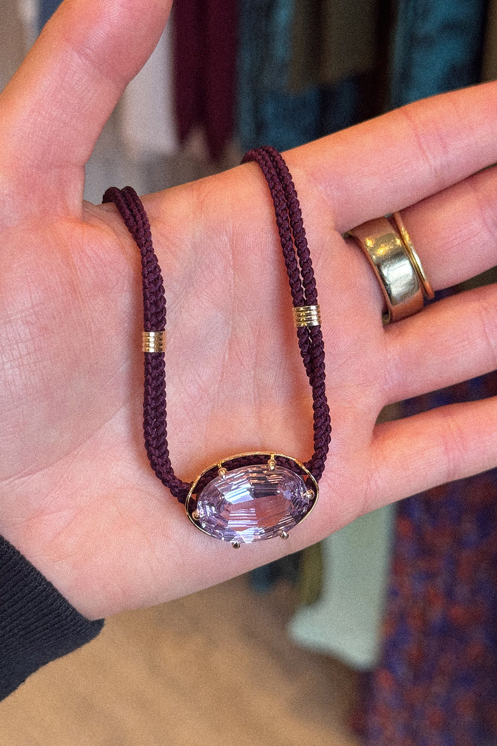 CONCAVE CUT PURPLE AMETHYST SILK CORD PENDANT NECKLACE