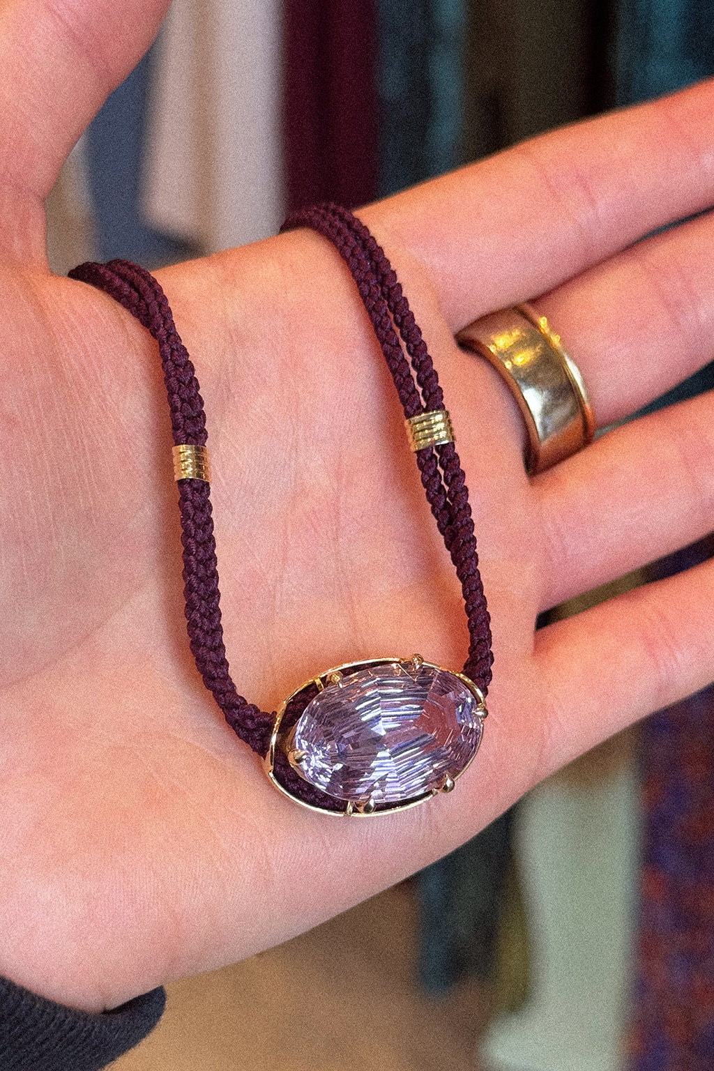 CONCAVE CUT PURPLE AMETHYST SILK CORD PENDANT NECKLACE