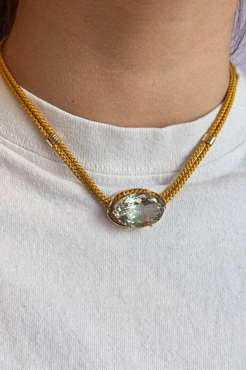 GREEN AMETHYST SILK CORD PENDANT NECKLACE