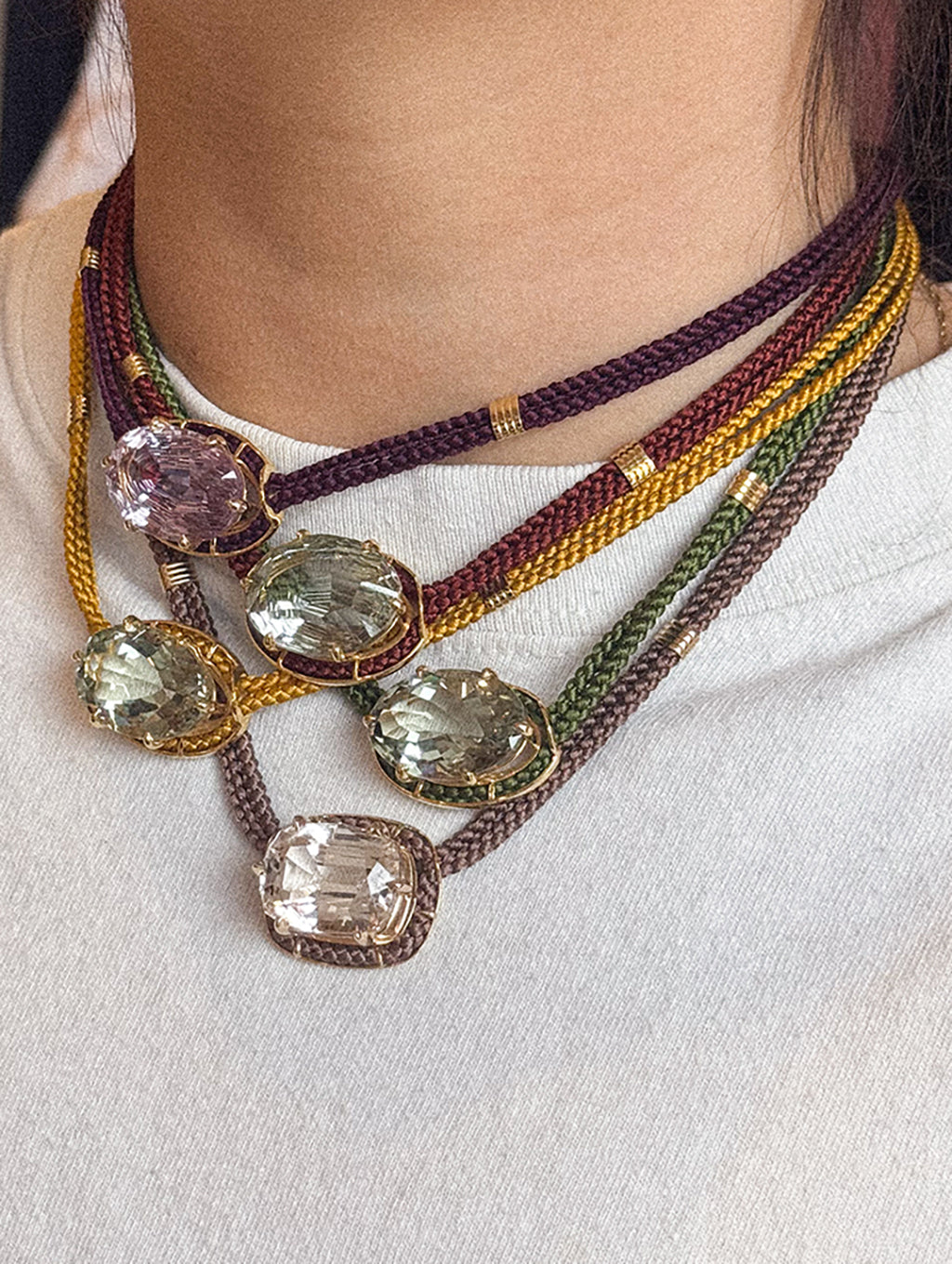 CONCAVE CUT GREEN AMETHYST SILK CORD PENDANT NECKLACE