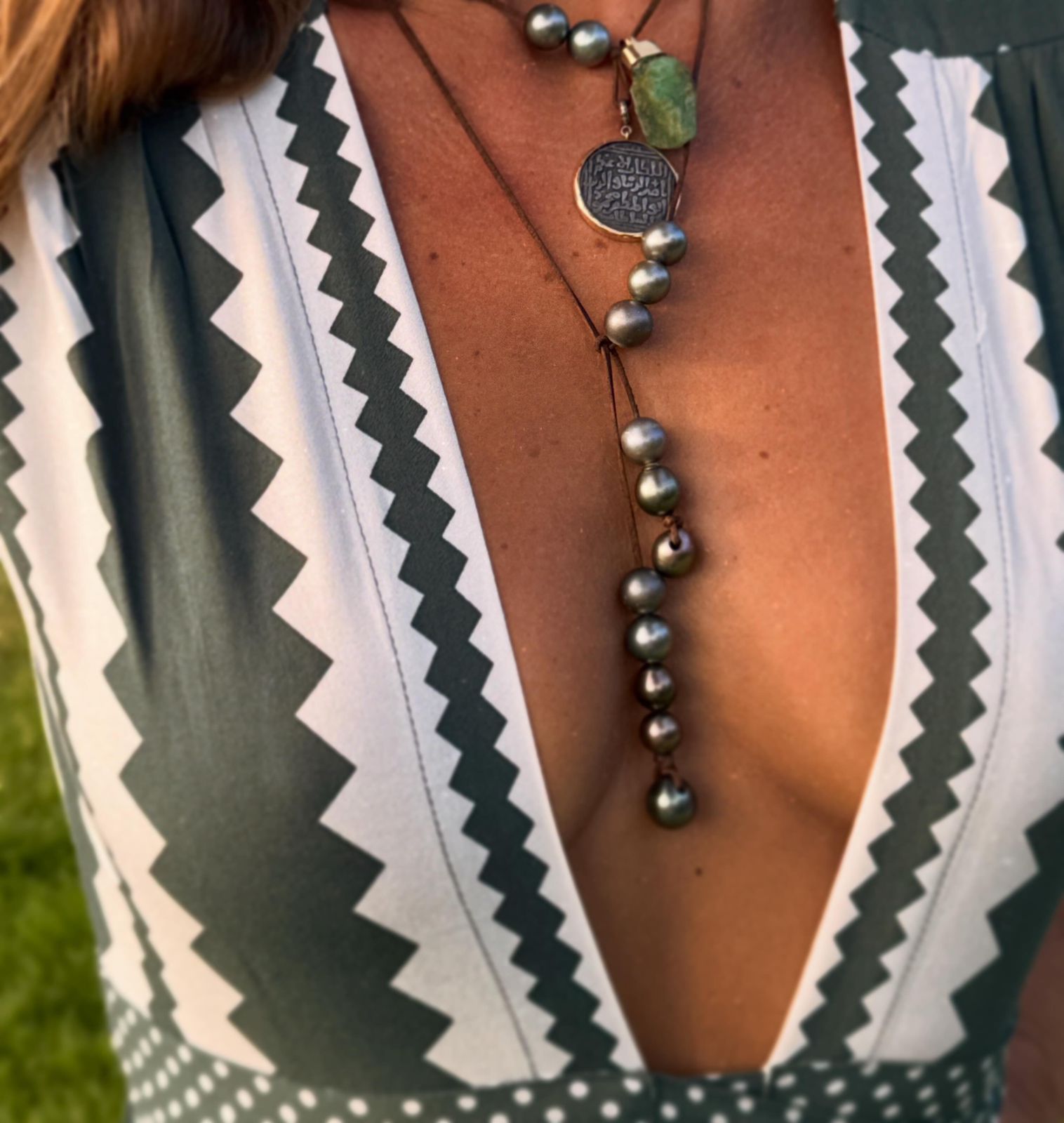 ANCIENT ETHIOPIAN COIN NECKLACE WITH EMERALD & PEARLS
