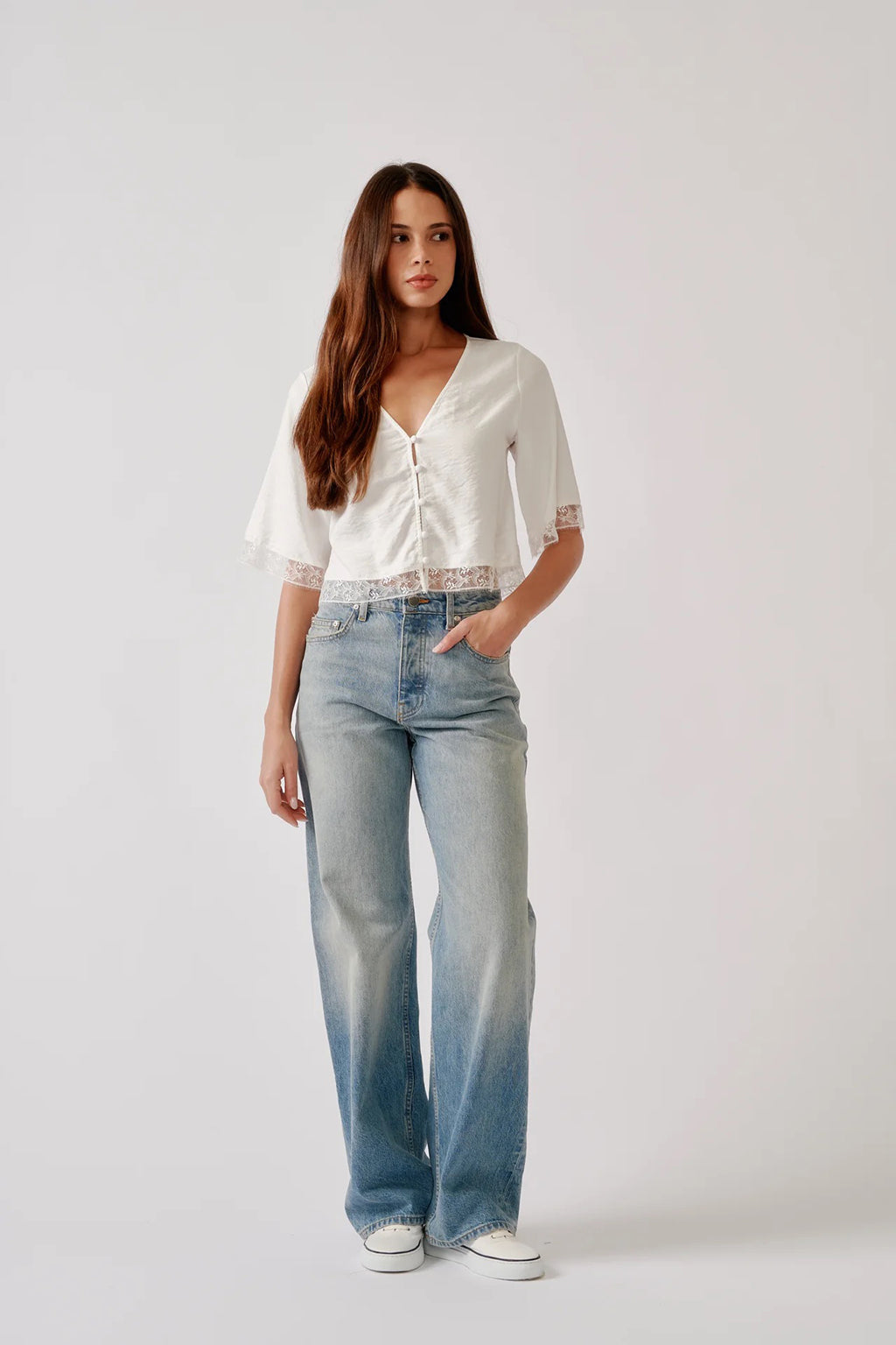 SIMONE SHORT SLEEVE BUTTON DOWN TOP WITH LACE
