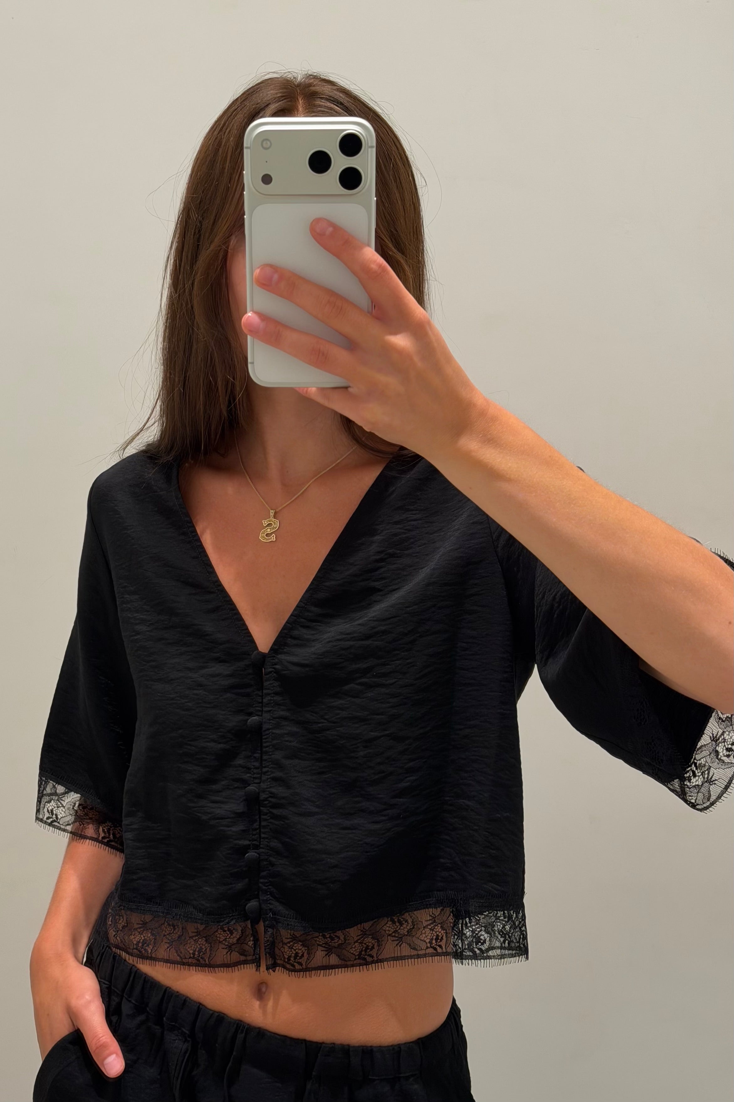 SIMONE SHORT SLEEVE BUTTON DOWN TOP WITH LACE