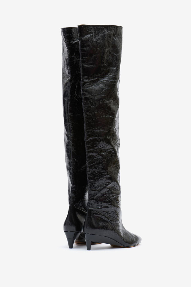 LISALI PATENT LEATHER POINT TOE THIGH HIGH BOOTS IN BLACK