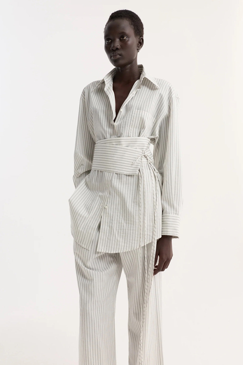 SILK STRIPED BELTED SHIRT