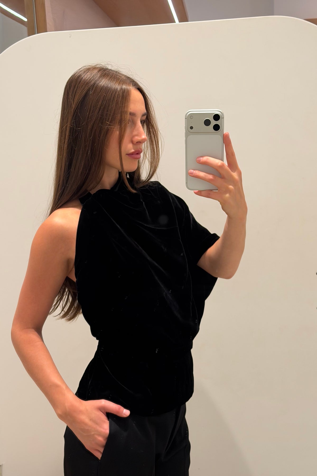 DRAPED OPEN BACK SILK VELVET TOP