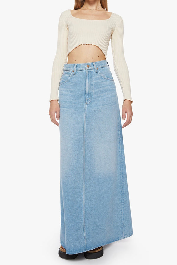 SNACKS! THE SUGAR CONE MAXI SKIRT IN SWEET AND SOUR DENIM