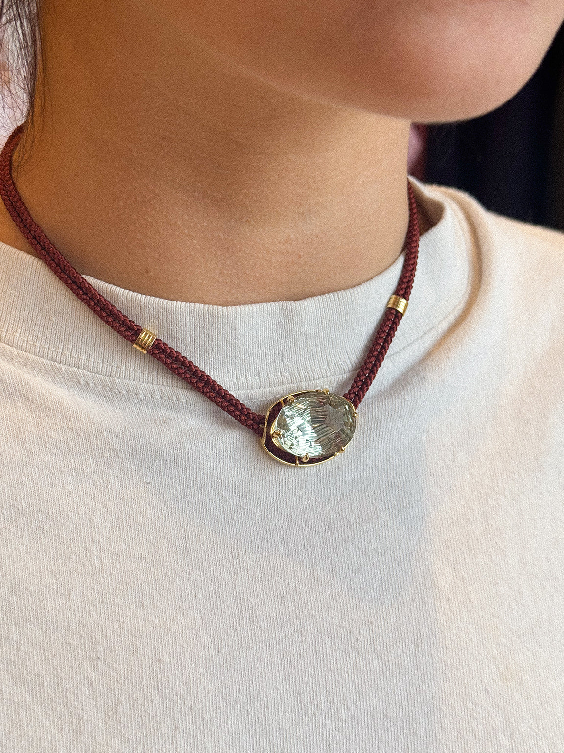 CONCAVE CUT GREEN AMETHYST SILK CORD PENDANT NECKLACE