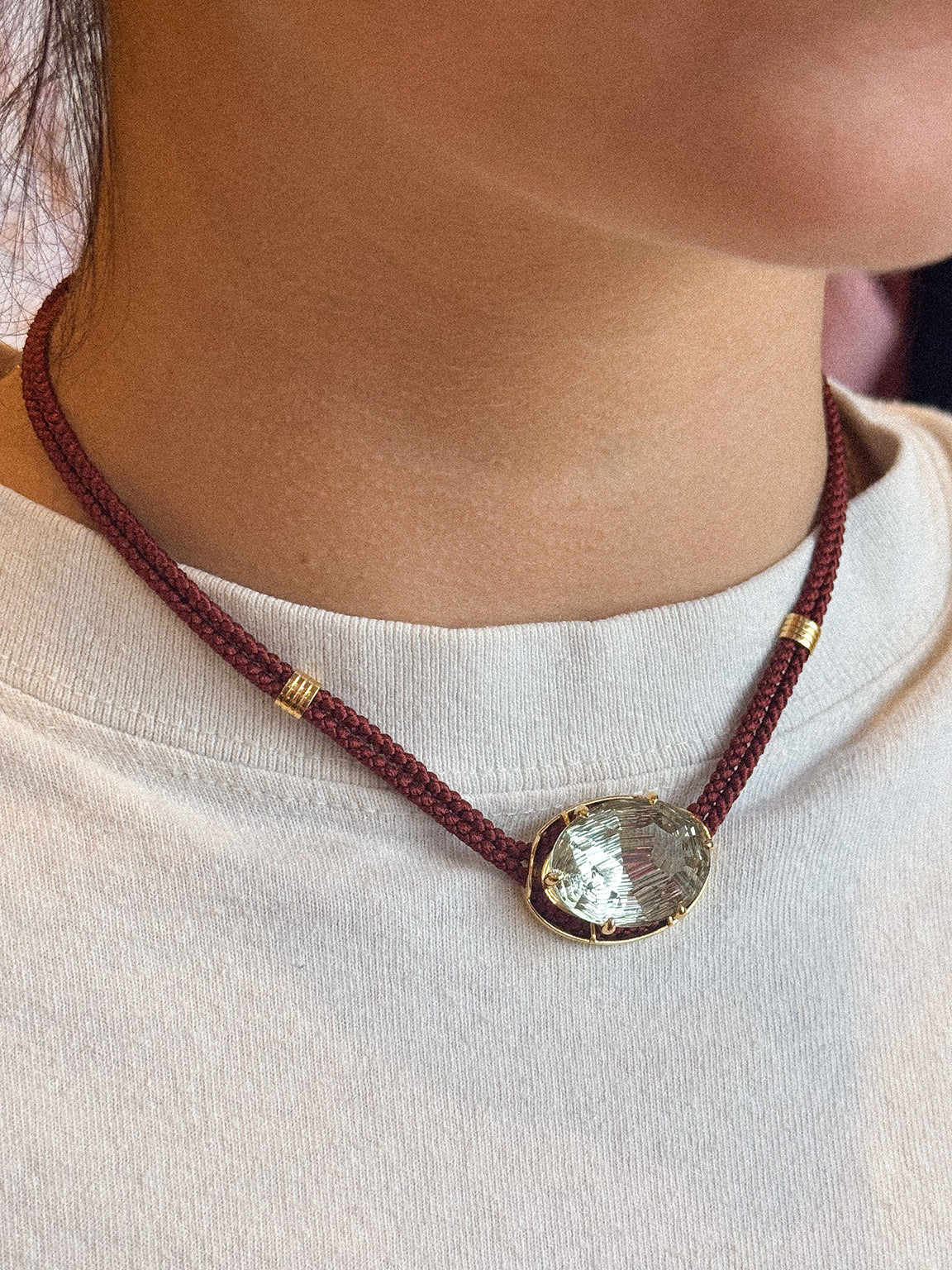 CONCAVE CUT GREEN AMETHYST SILK CORD PENDANT NECKLACE