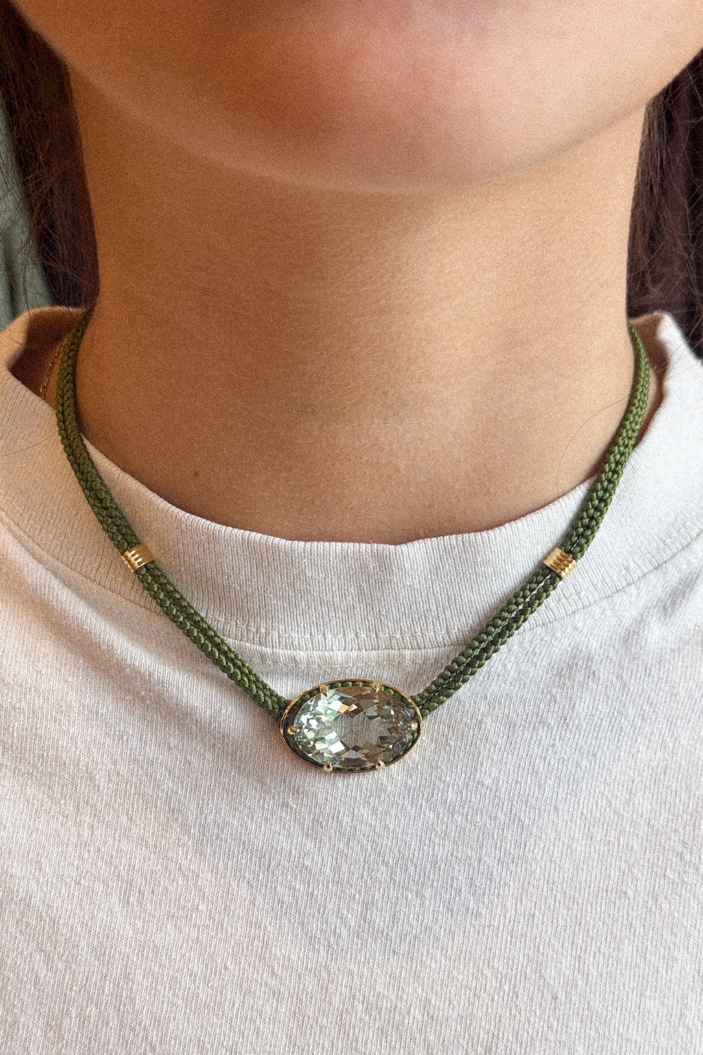 GREEN AMETHYST SILK CORD PENDANT NECKLACE