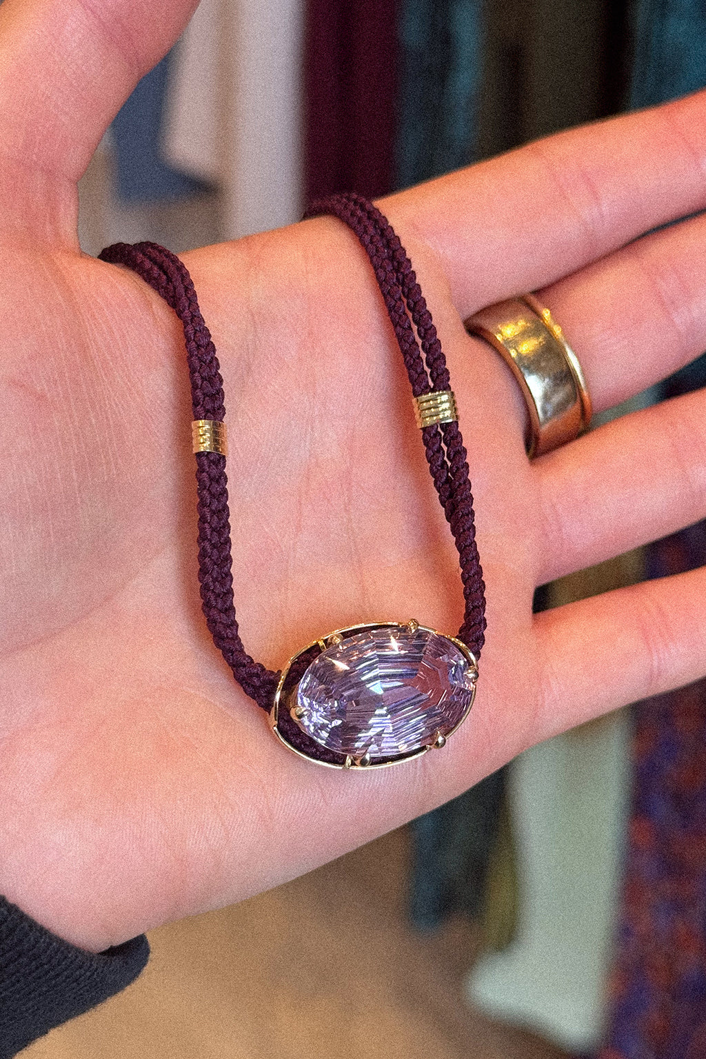CONCAVE CUT PURPLE AMETHYST SILK CORD PENDANT NECKLACE