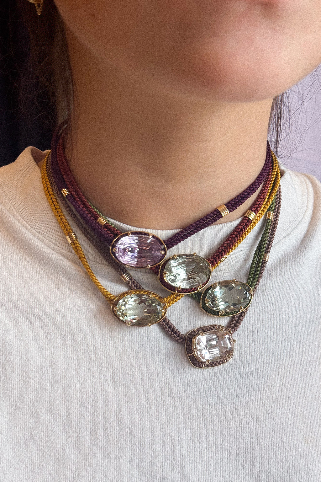 CONCAVE CUT PURPLE AMETHYST SILK CORD PENDANT NECKLACE