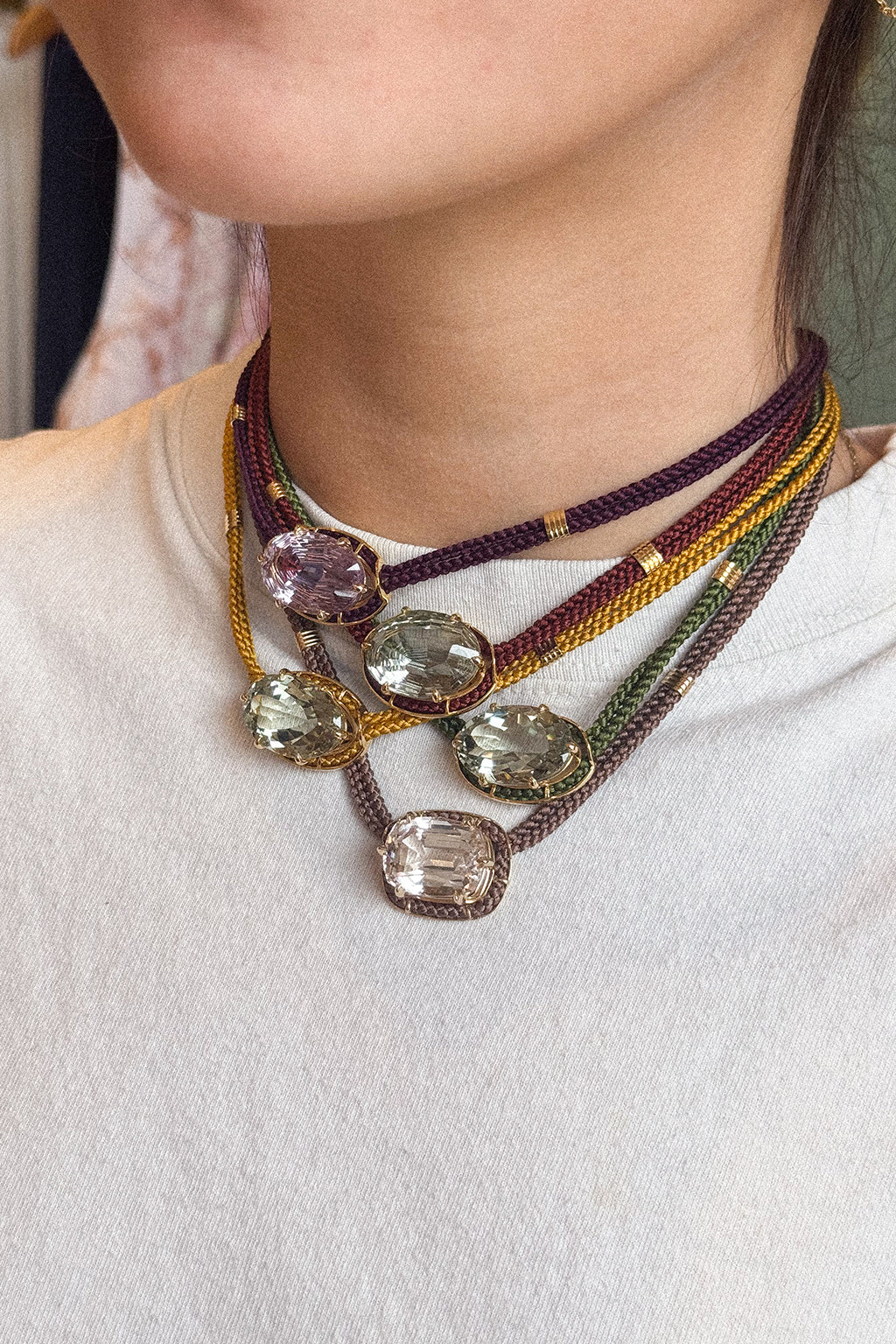 CONCAVE CUT GREEN AMETHYST SILK CORD PENDANT NECKLACE