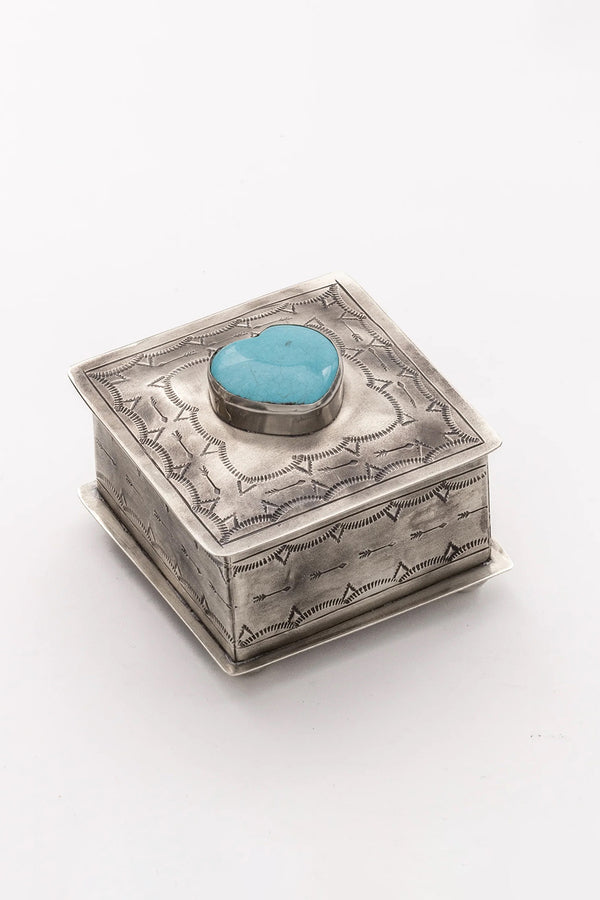 SILVER STAMPED BOX WITH TURQUOISE HEART