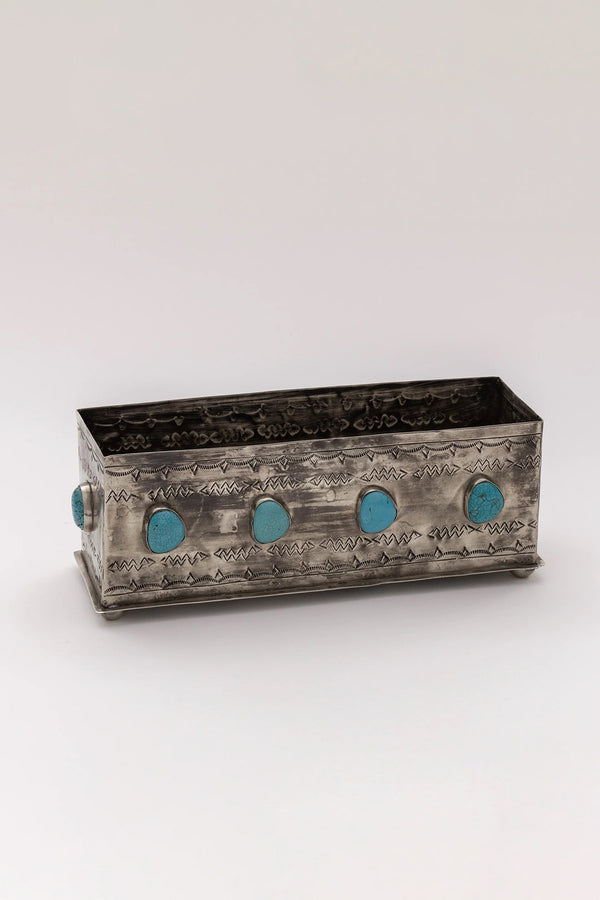 SILVER STAMPED PLANTER WITH TURQUOISE