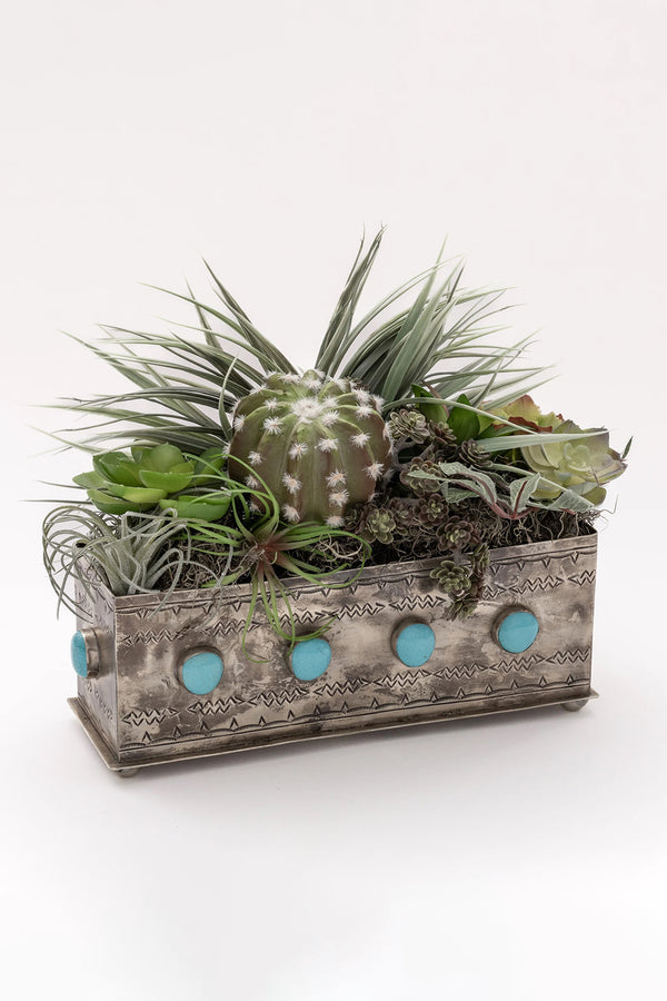 SILVER STAMPED PLANTER WITH TURQUOISE