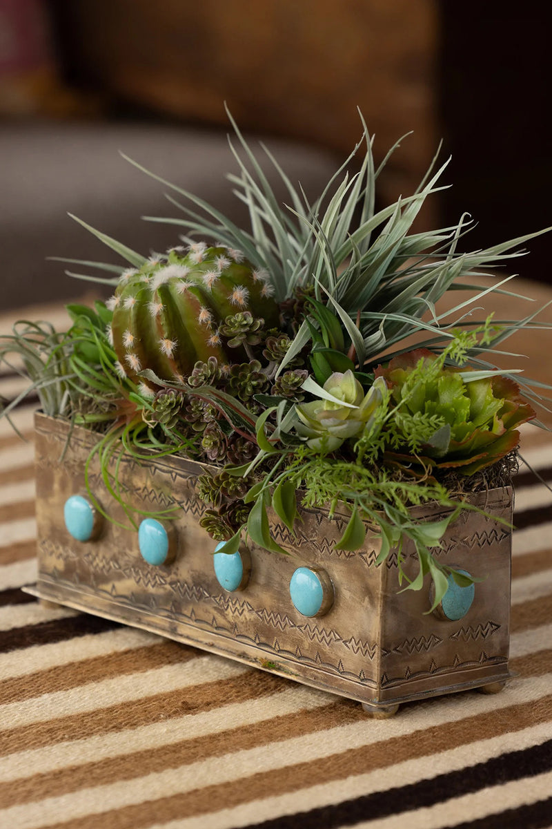 SILVER STAMPED PLANTER WITH TURQUOISE