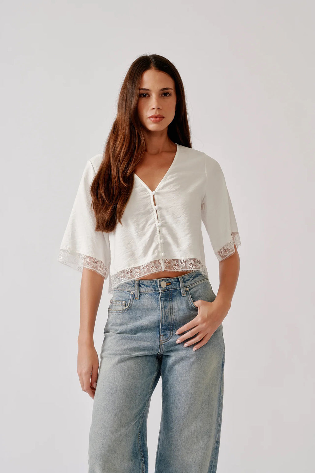 SIMONE SHORT SLEEVE BUTTON DOWN TOP WITH LACE