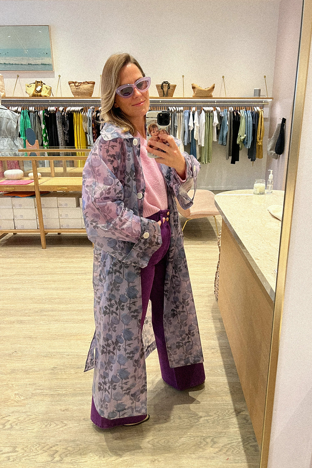 GEORGIA RAINCOAT IN MEDIUM ROMANTICS SOFT BLUE ON GREY