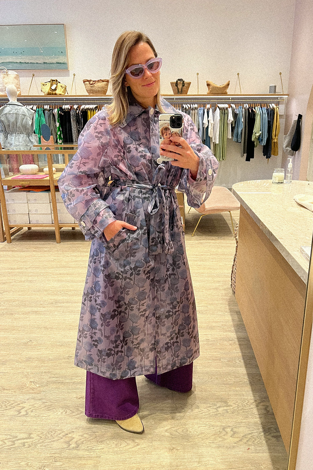 GEORGIA RAINCOAT IN MEDIUM ROMANTICS SOFT BLUE ON GREY