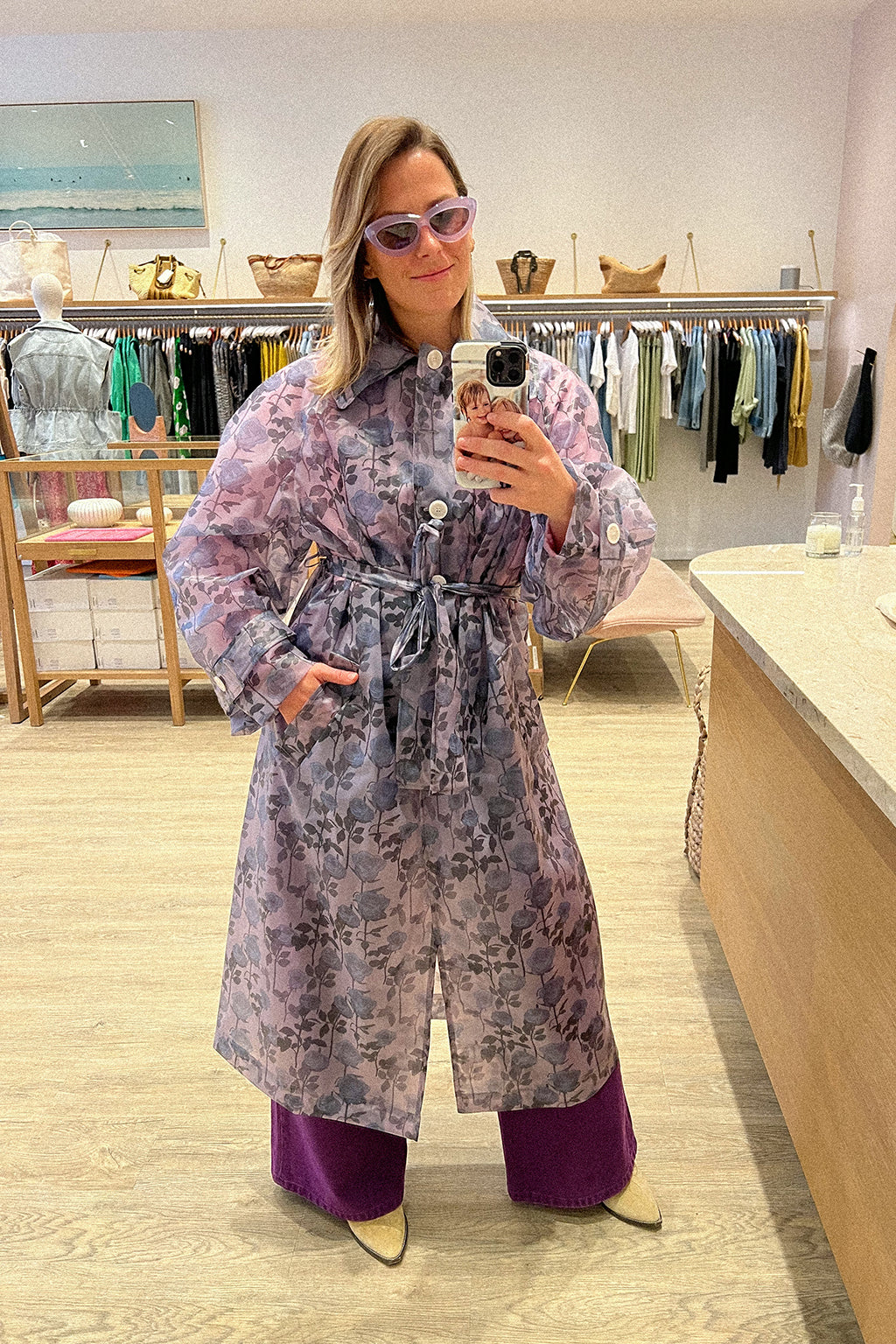 GEORGIA RAINCOAT IN MEDIUM ROMANTICS SOFT BLUE ON GREY